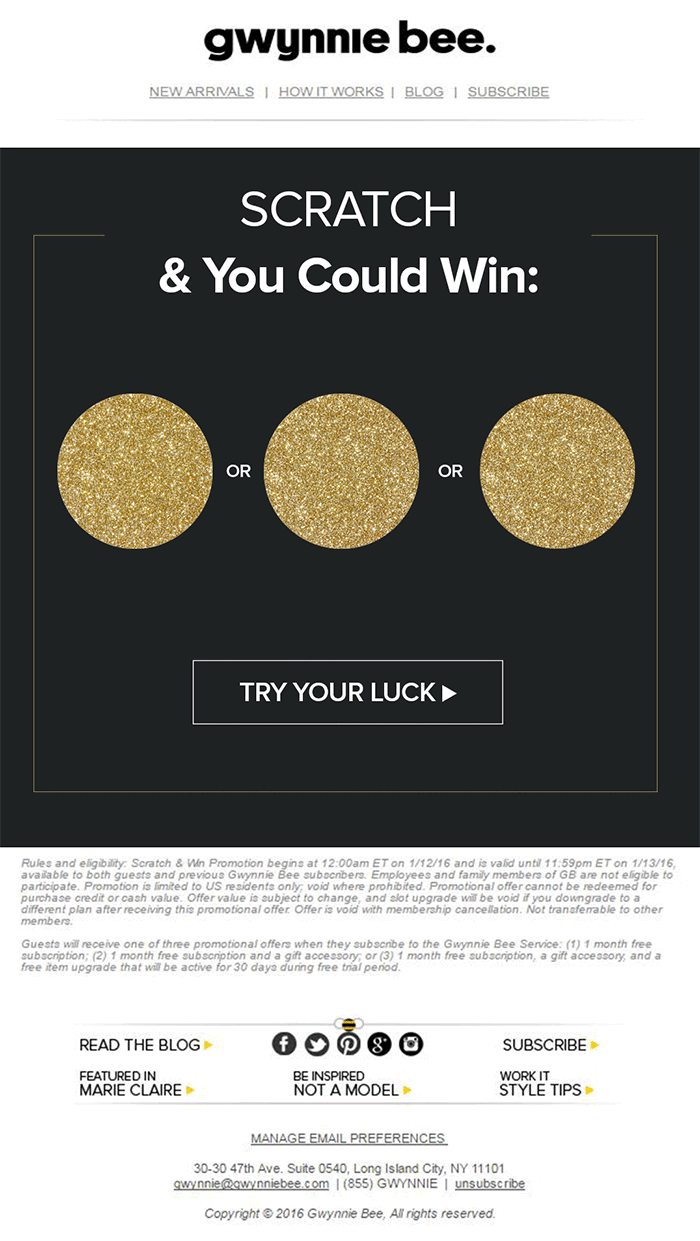Scratch to win email example from Gwynnie Bee. Scratch to win email example from Gwynnie Bee.