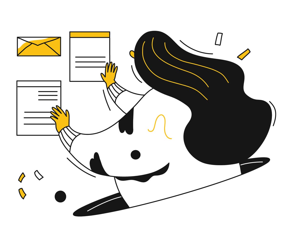 A woman organizes an envelope, web page, heading, and newsletter with ease. A woman organizes an envelope, web page, heading, and newsletter with ease.