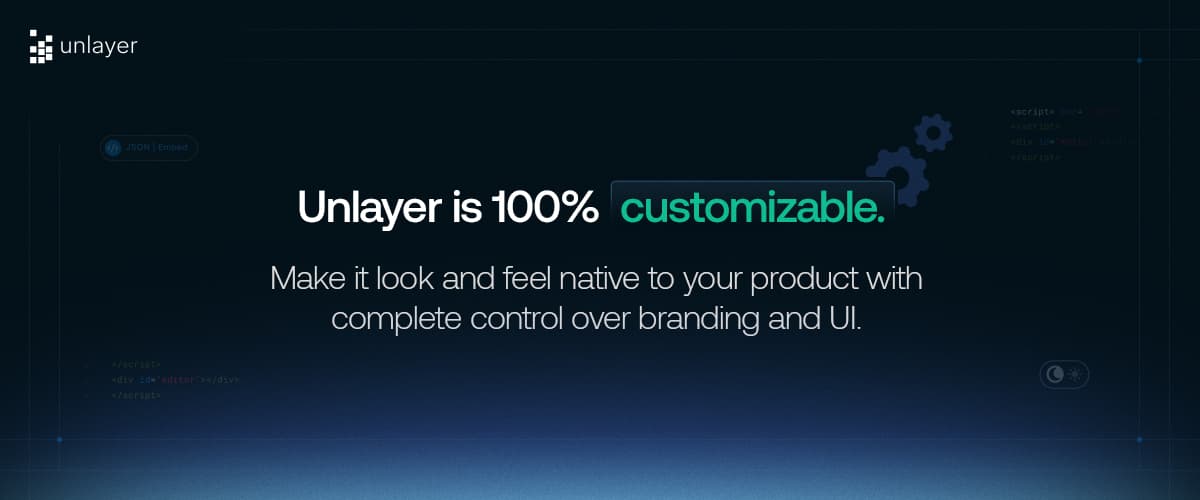 Banner showing that Unlayer is 100% customizable. Banner showing that Unlayer is 100% customizable.