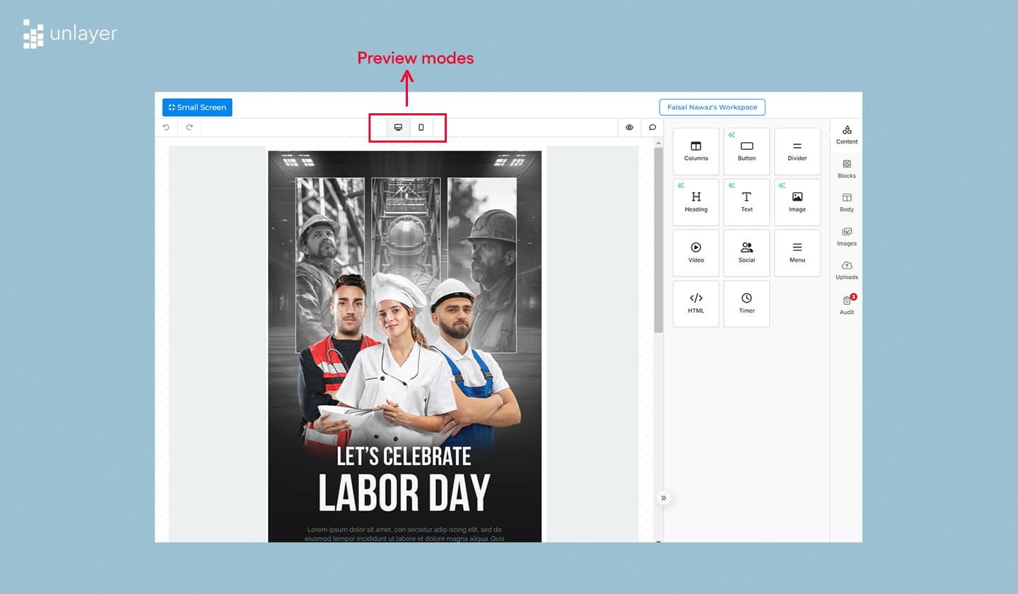 Preview modes option in Unlayer’s editor. Preview modes option in Unlayer’s editor.