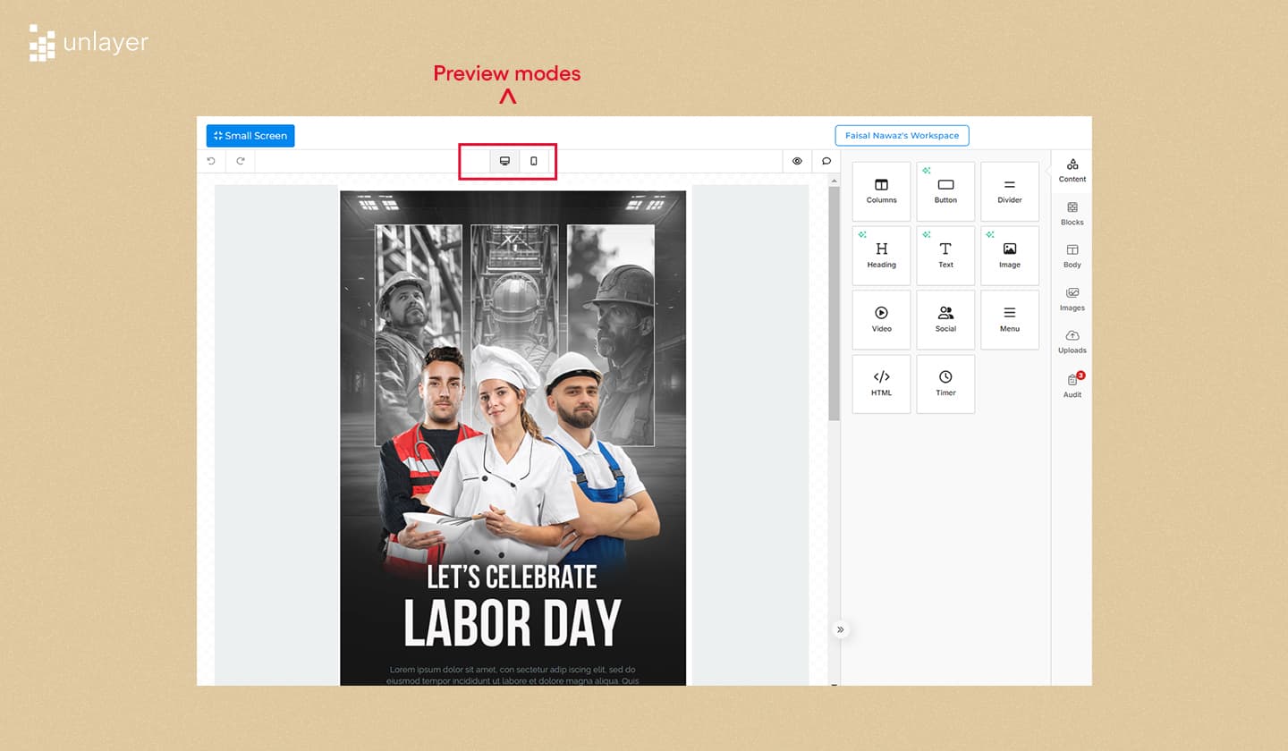 Built-in preview modes in Unlayer’s email editor. Built-in preview modes in Unlayer’s email editor.