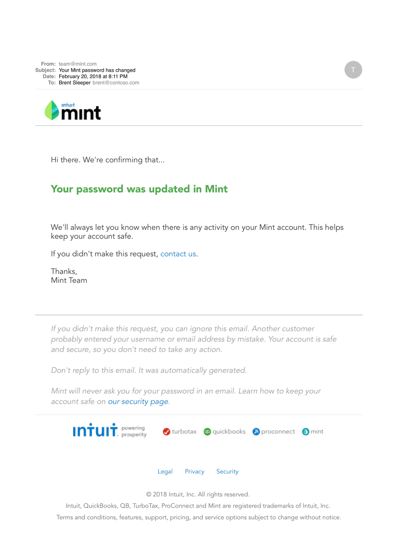 Notification email example from Mint Notification email example from Mint