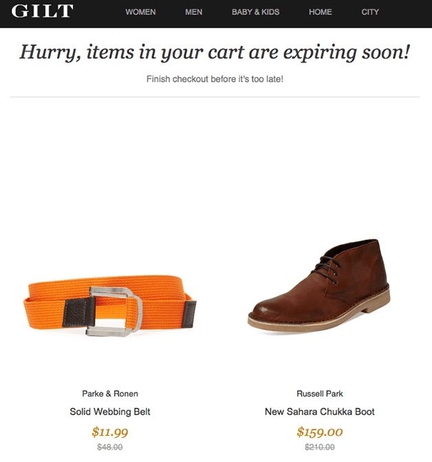 Abandoned cart email from GILT that instills FOMO in readers Abandoned cart email from GILT that instills FOMO in readers