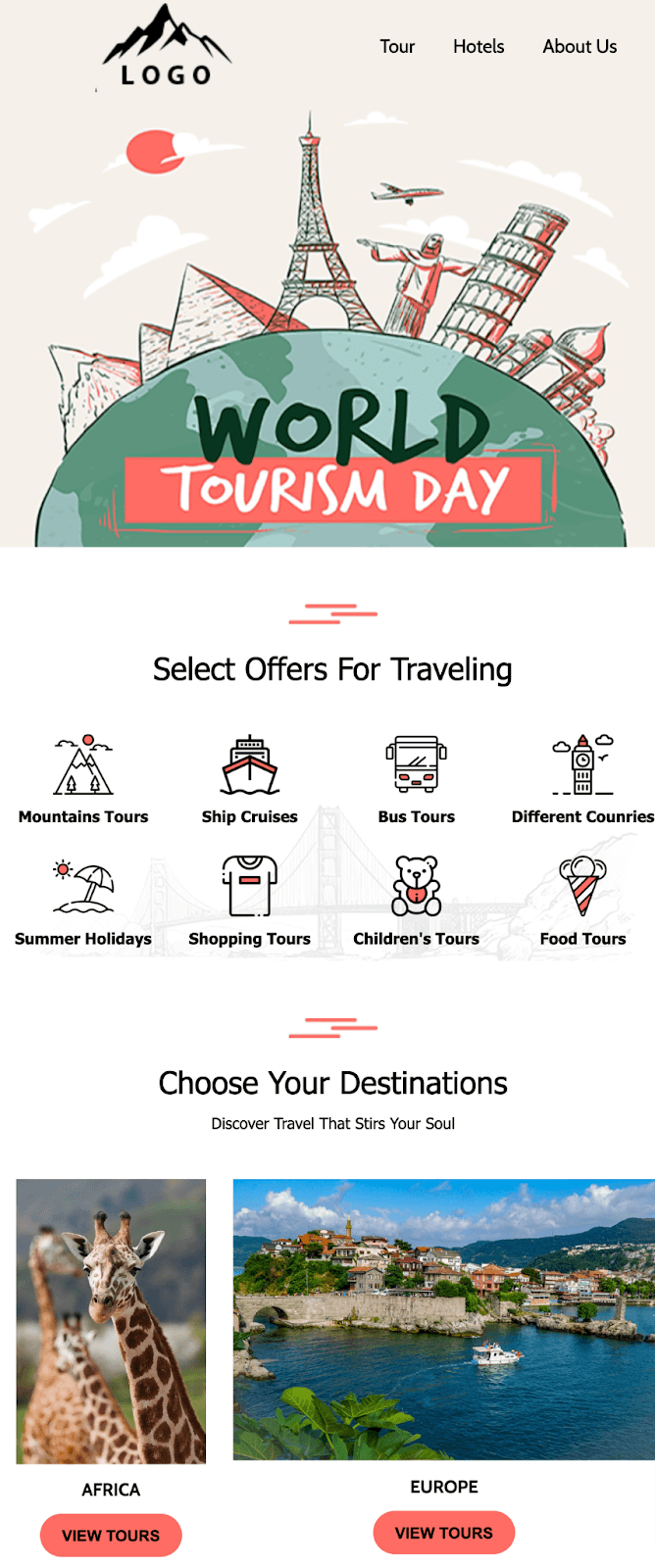 Free promotional email template from Unlayer highlighting promotional offer around World Tourism Day Free promotional email template from Unlayer highlighting promotional offer around World Tourism Day