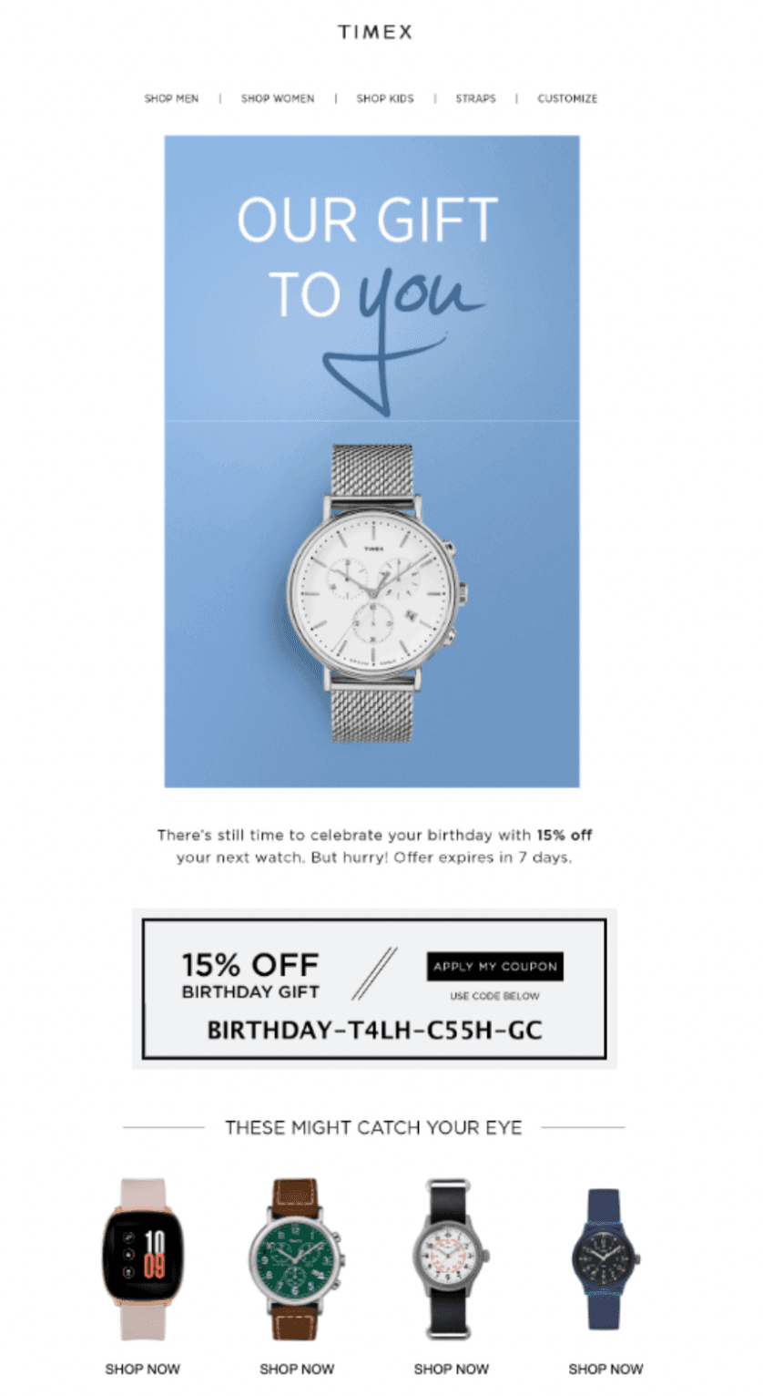 Birthday email example from Timex Birthday email example from Timex