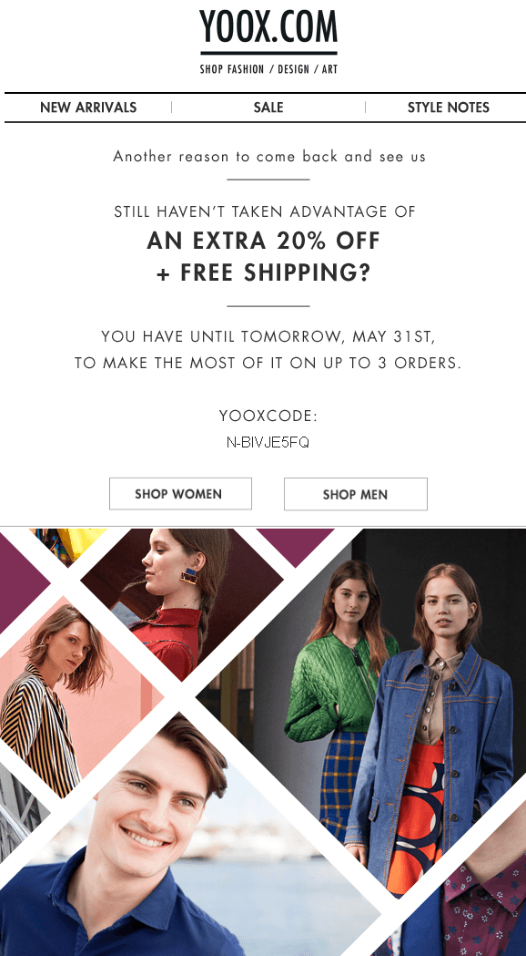 A re-engagement email from YOOX that offers an incentive A re-engagement email from YOOX that offers an incentive
