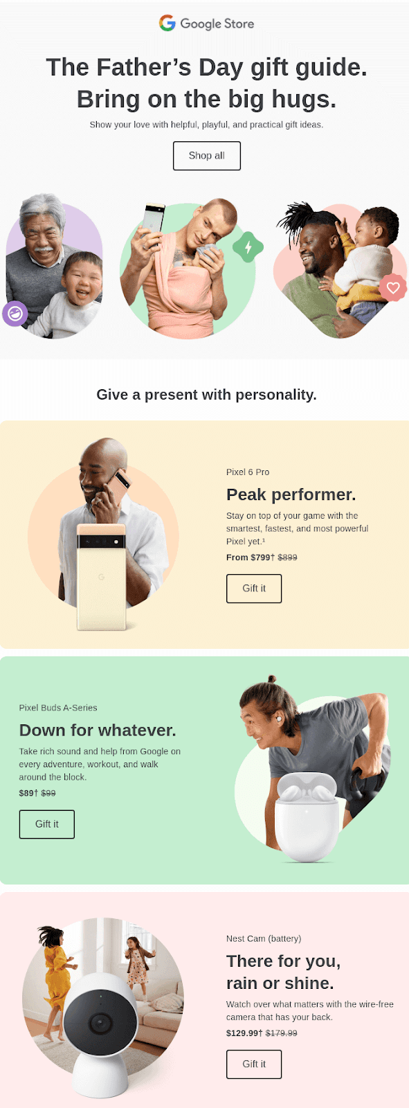 Email from Google Store that uses color to separate different sections Email from Google Store that uses color to separate different sections