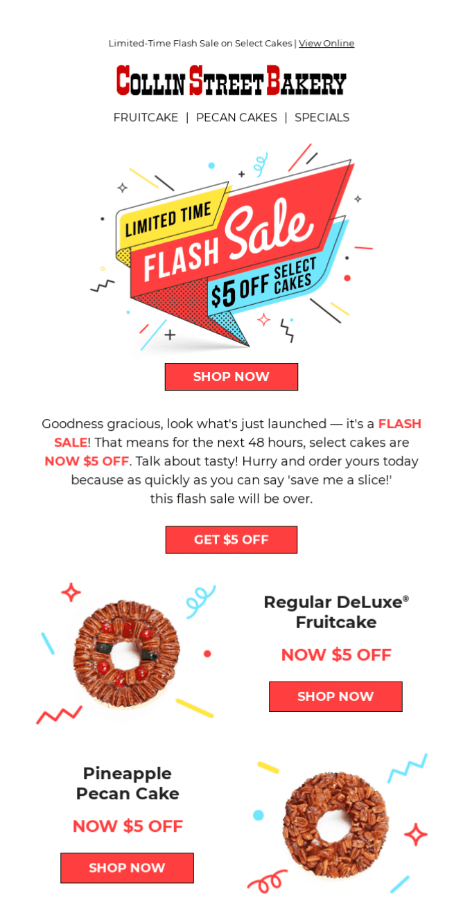 Email example from Collin Street Bakery with prominent CTAs Email example from Collin Street Bakery with prominent CTAs