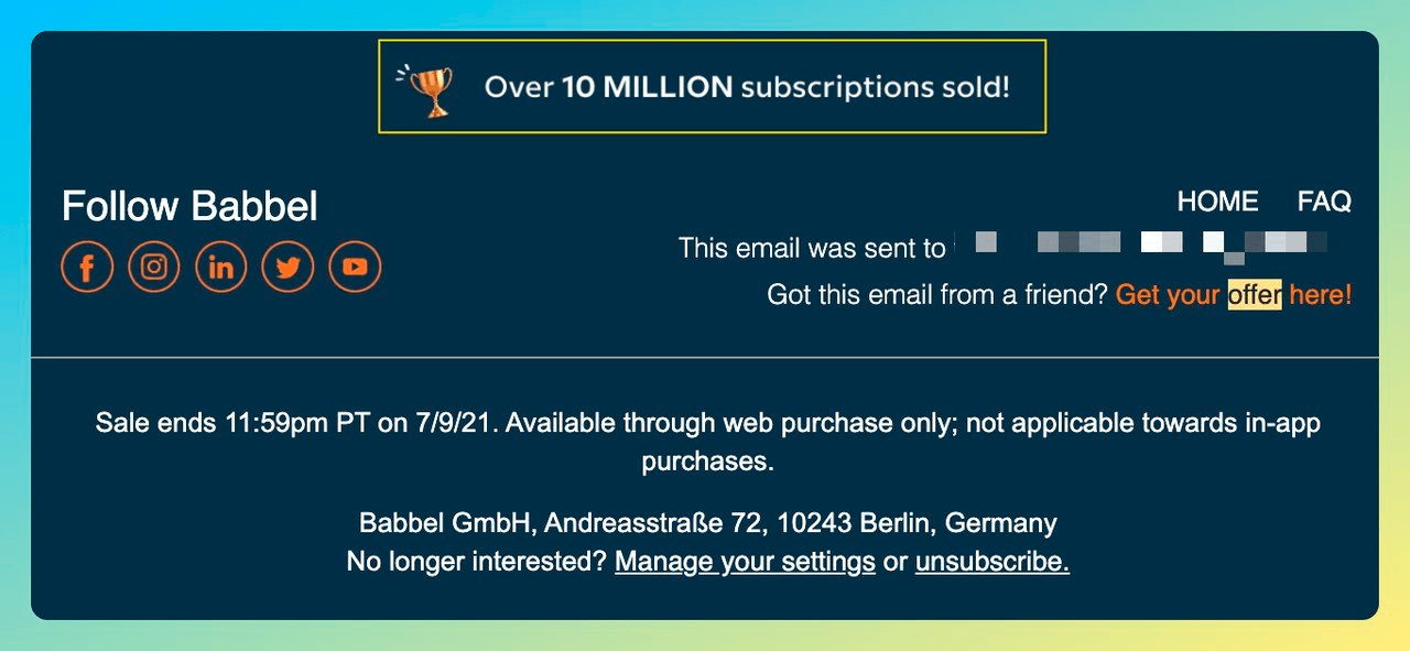 Email footer example from Babbel featuring social proof Email footer example from Babbel featuring social proof