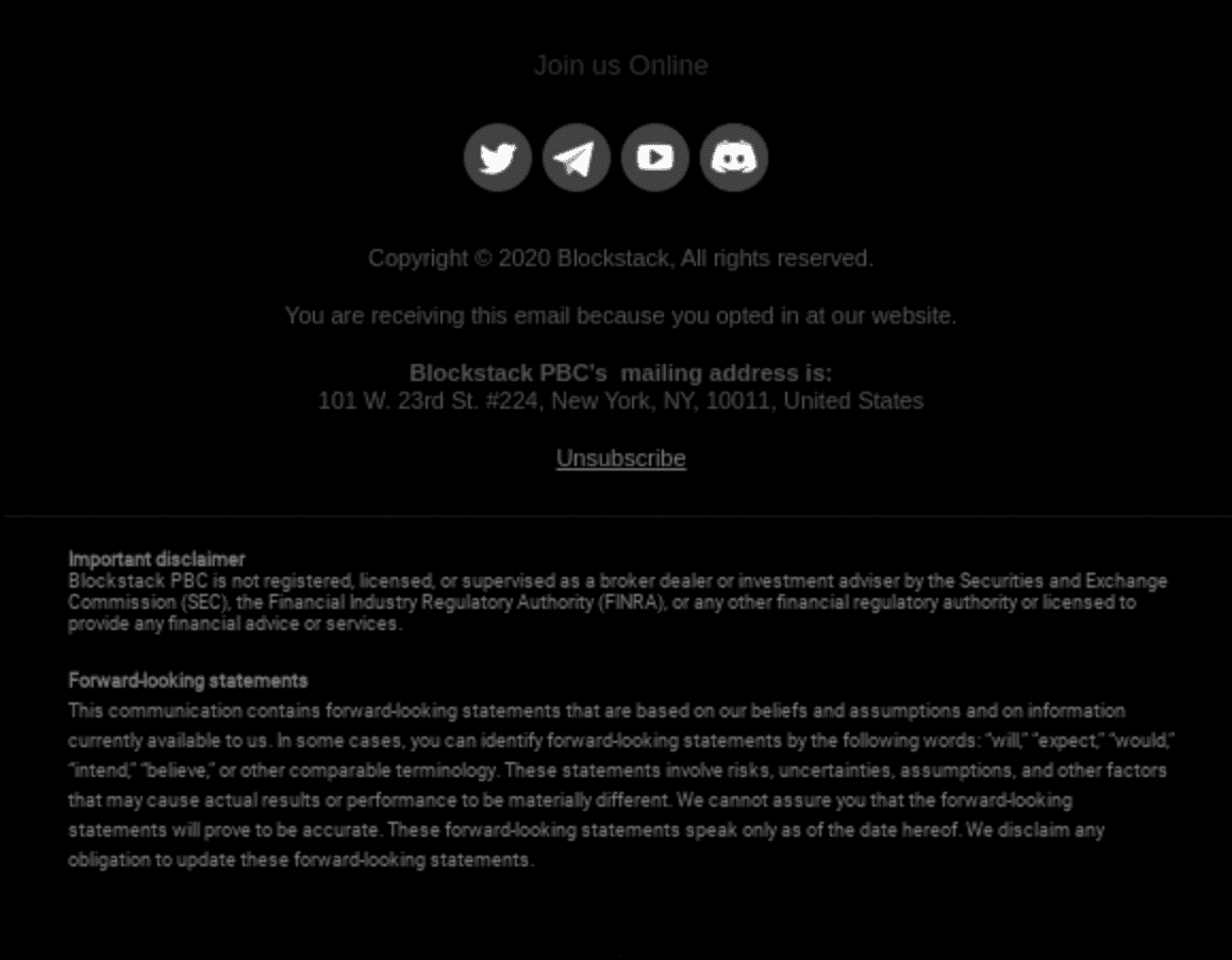 Email footer example from Stacks includes security disclaimer Email footer example from Stacks includes security disclaimer