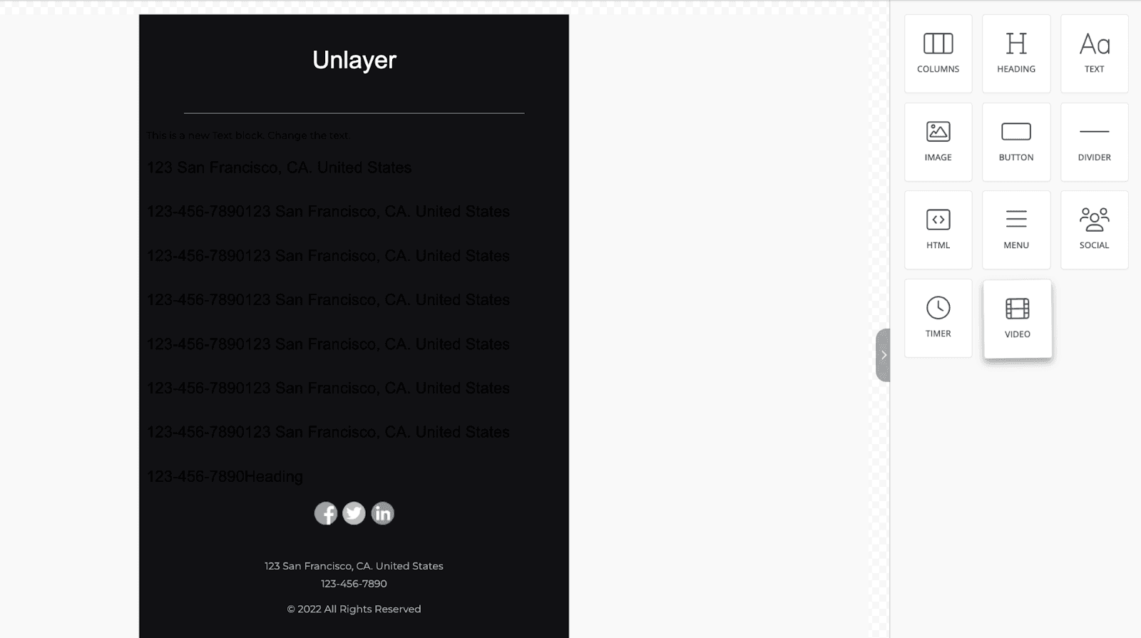 Drag and drop Unlayer’s video feature towards the email template. Drag and drop Unlayer’s video feature towards the email template.
