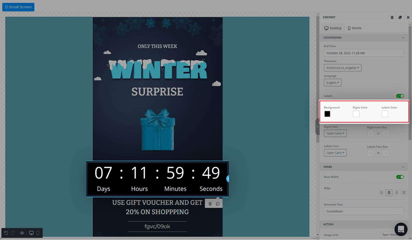 Unlayer’s editor highlights how to change the color of the countdown timer. Unlayer’s editor highlights how to change the color of the countdown timer.