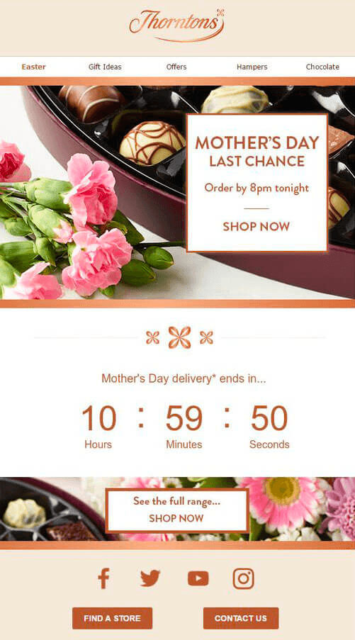 Mother’s Day email example from Thorntons. Mother’s Day email example from Thorntons.