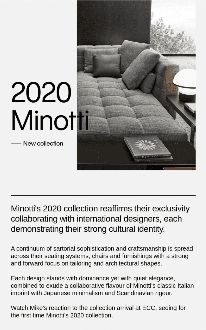 Product launch email example by Minotti Product launch email example by Minotti