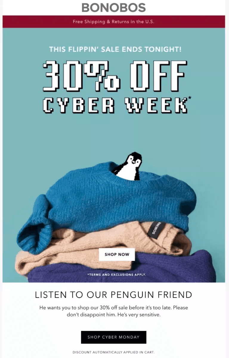 Cyber Monday email example from Bonobos. Cyber Monday email example from Bonobos.