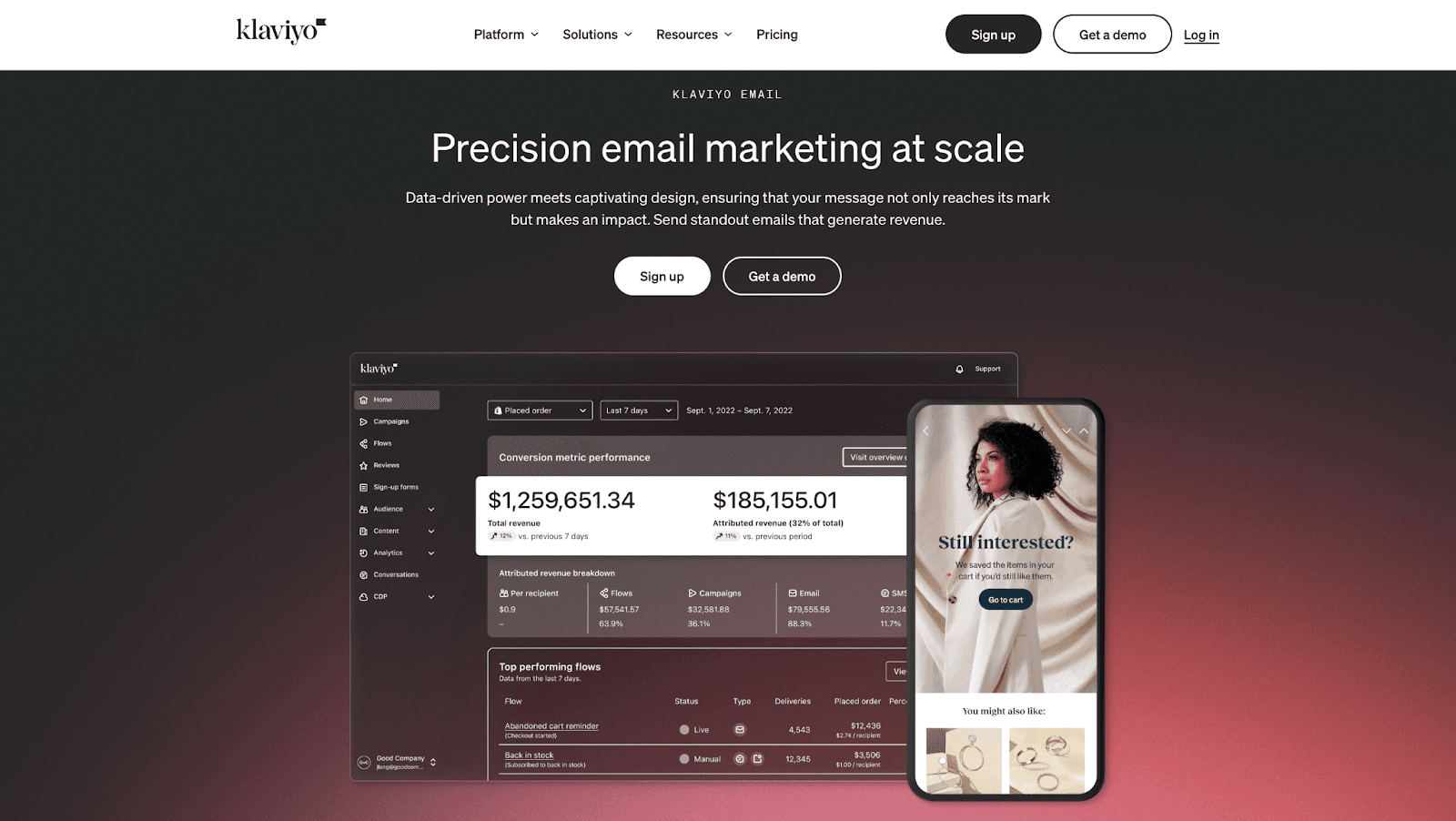 Klaviyo’s email marketing homepage. Klaviyo’s email marketing homepage.
