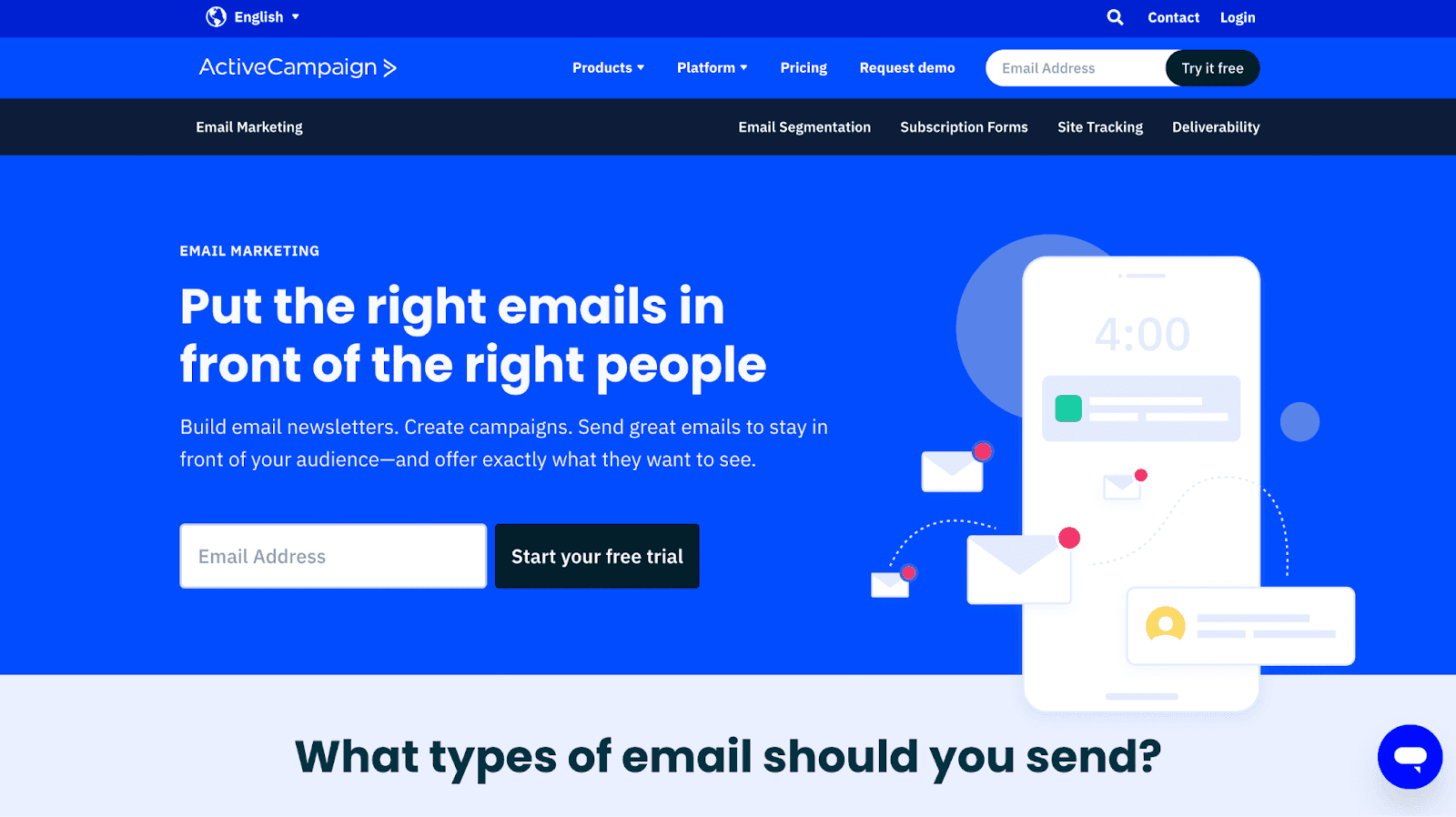 ActiveCampaign’s email marketing homepage. ActiveCampaign’s email marketing homepage.