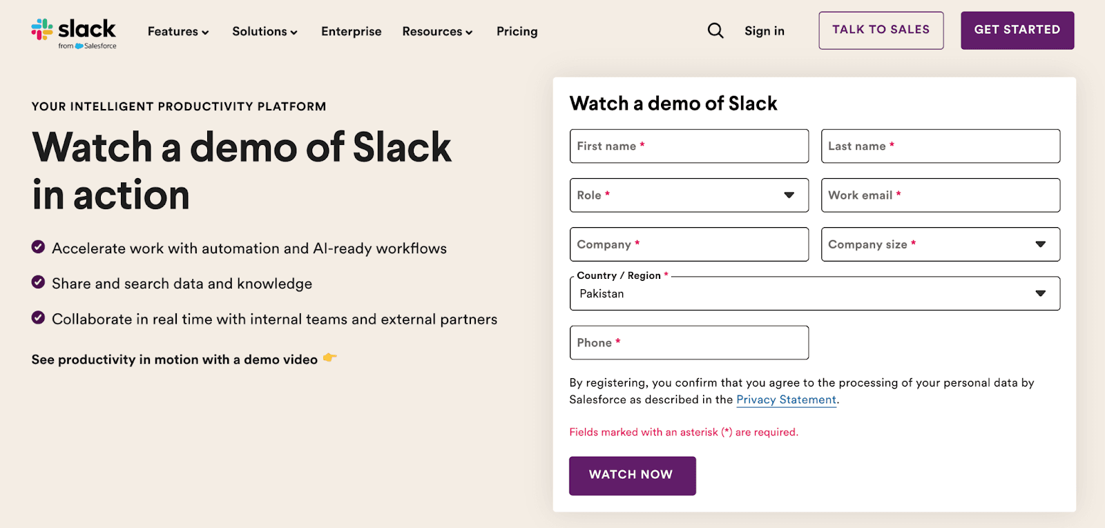 Lead generation landing page example from Slack. Lead generation landing page example from Slack.