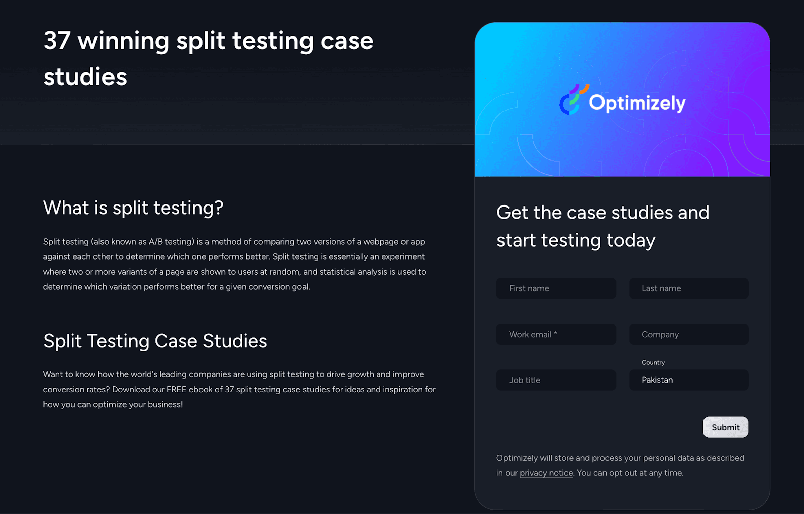 Here is a lead generation landing page example from Optimizely. Here is a lead generation landing page example from Optimizely.