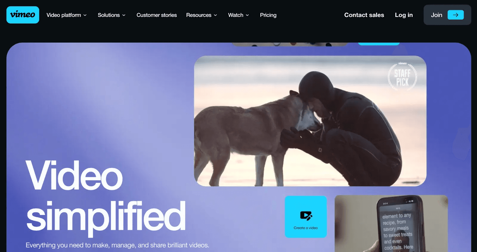 Landing page example from Vimeo