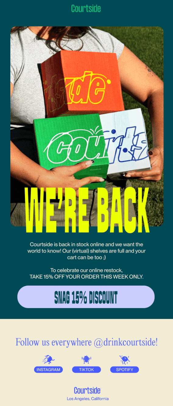 Back in stock email example from Courtside. Back in stock email example from Courtside.