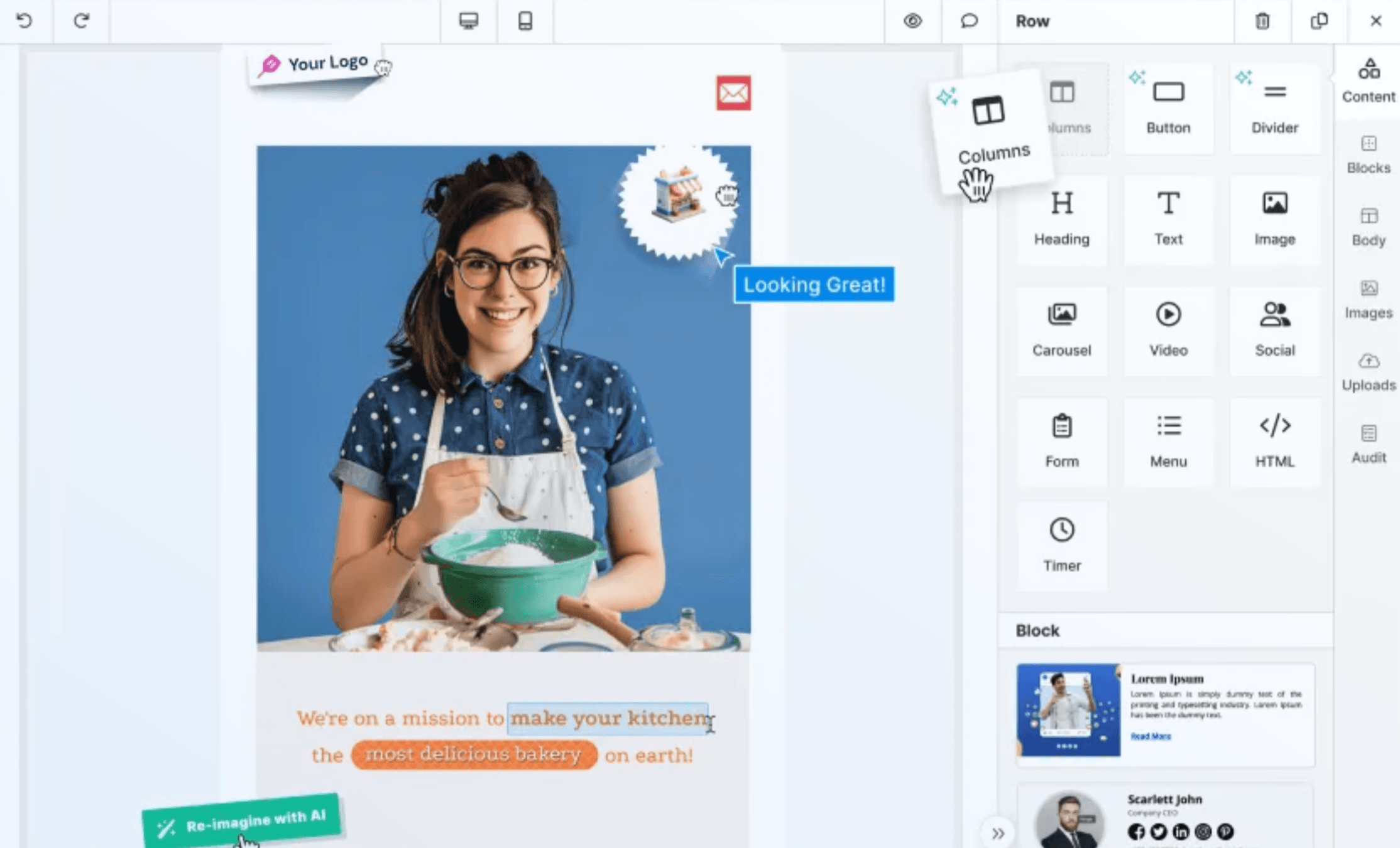 Unlayer’s intuitive drag and drop interface. Unlayer’s intuitive drag and drop interface.