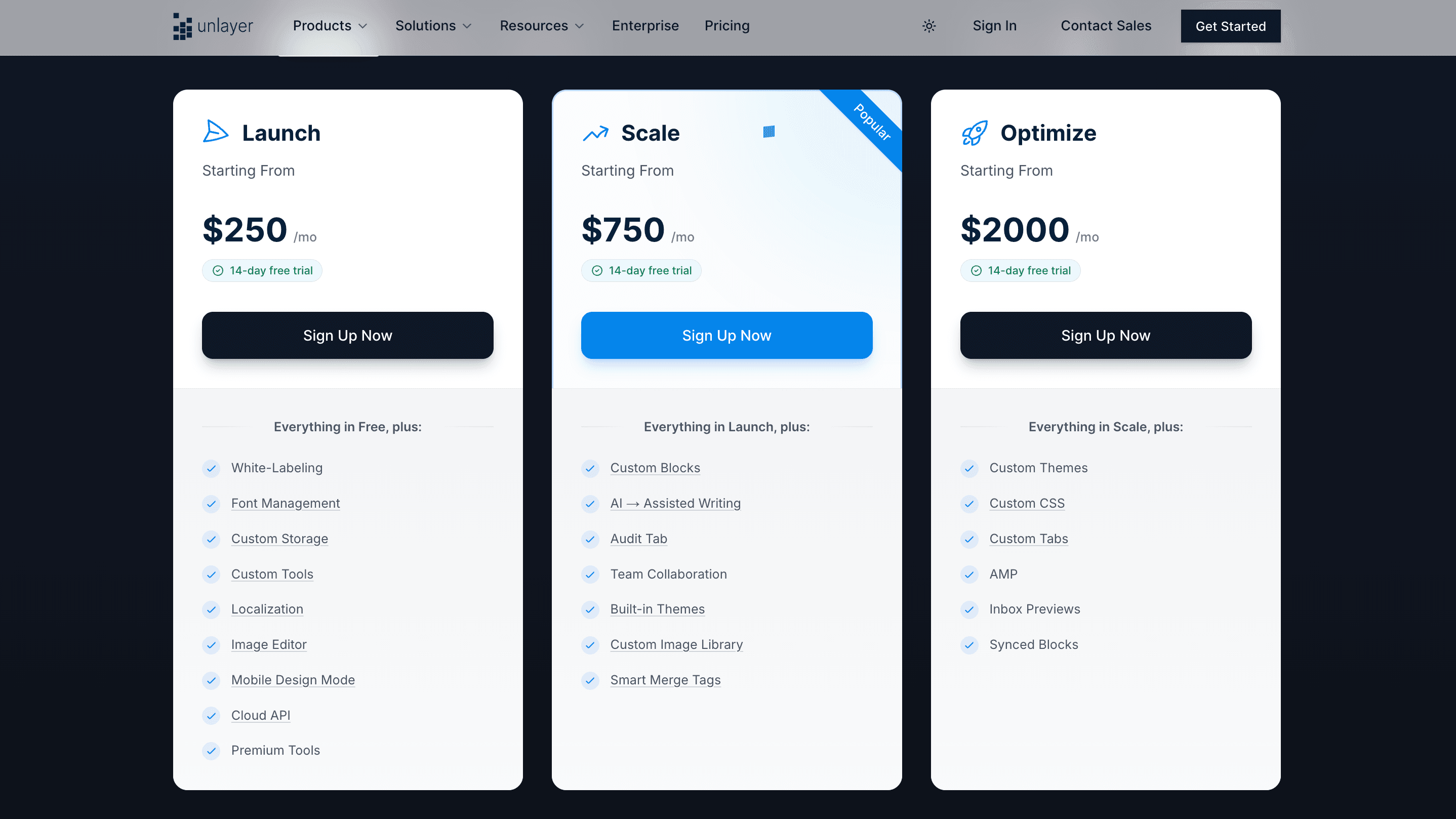 Unlayer’s Self-Serve plans.