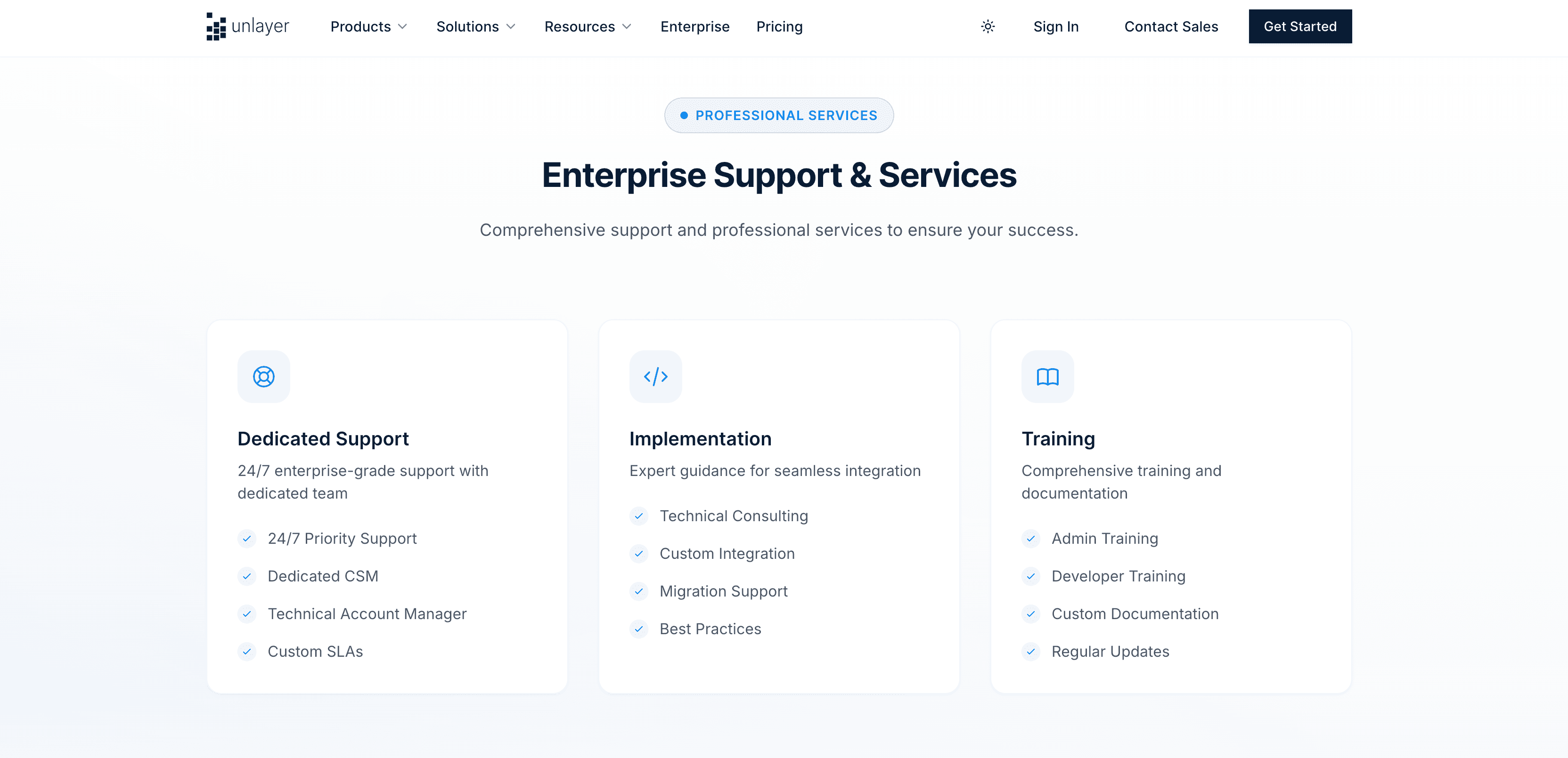 Unlayer’s enterprise page showcasing its enterprise support & services Unlayer’s enterprise page showcasing its enterprise support & services