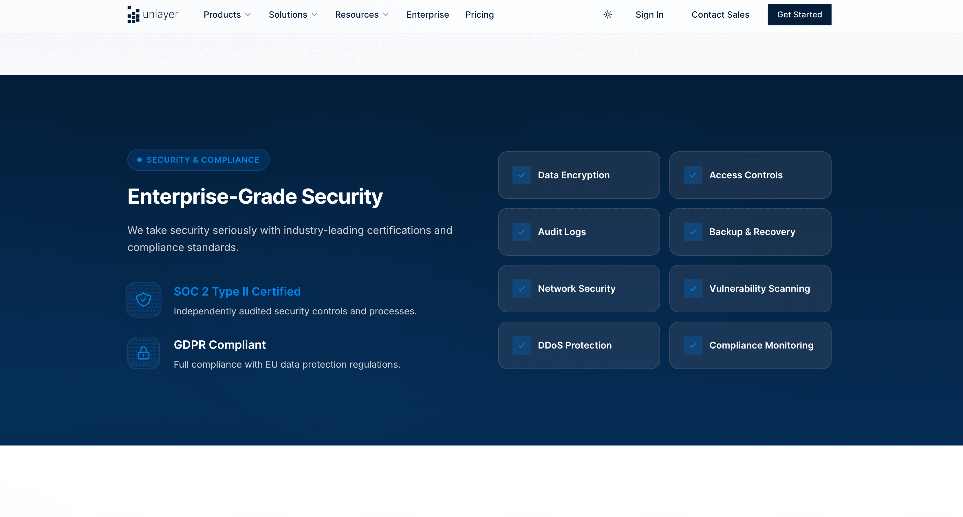 Unlayer Enterprise page highlighting its advanced security and compliance standards. Unlayer Enterprise page highlighting its advanced security and compliance standards.