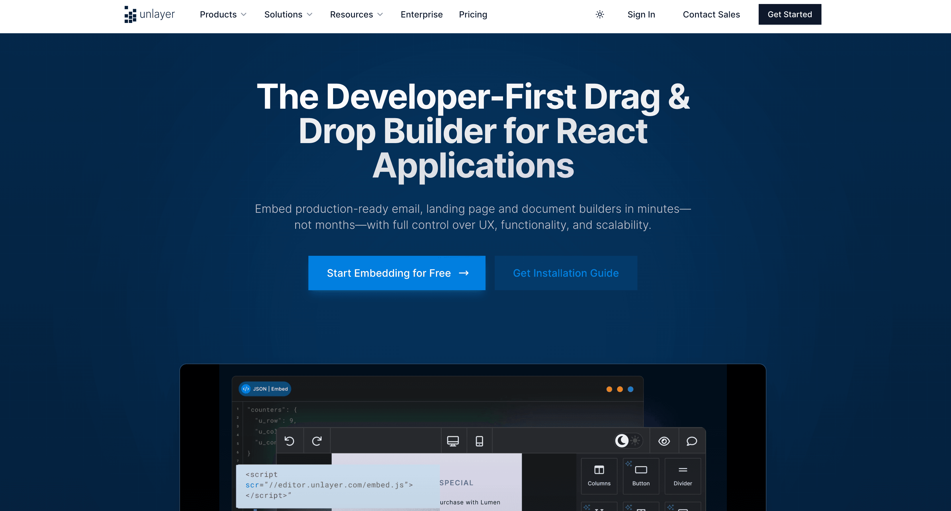 Screenshot of Unlayer’s React builder solutions page Screenshot of Unlayer’s React builder solutions page