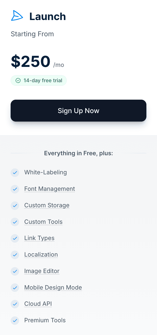 Unlayer’s Launch plan pricing and features. Unlayer’s Launch plan pricing and features.