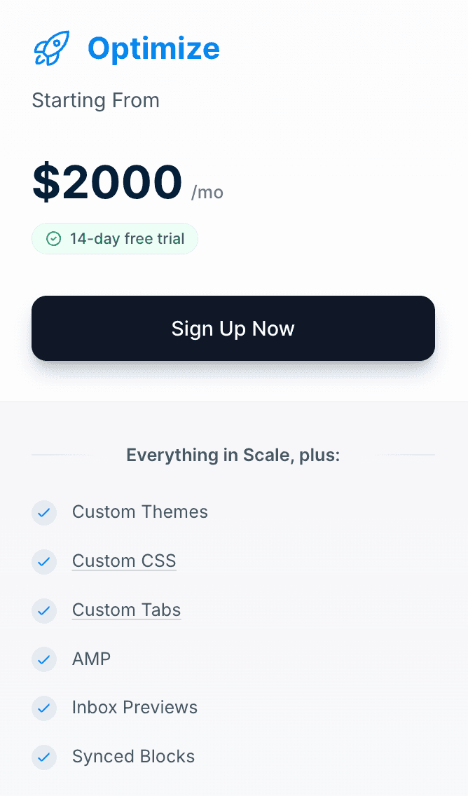 Unlayer’s Optimize plan pricing and features.