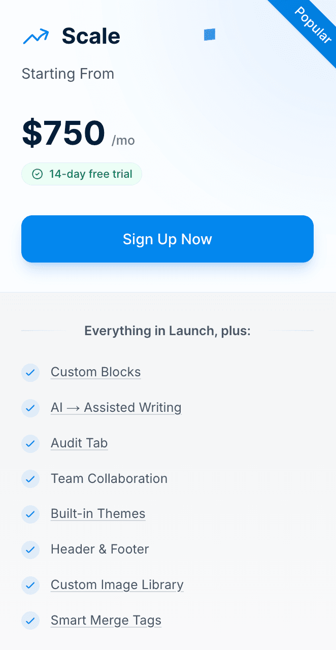 Unlayer’s Scale plan pricing and features.