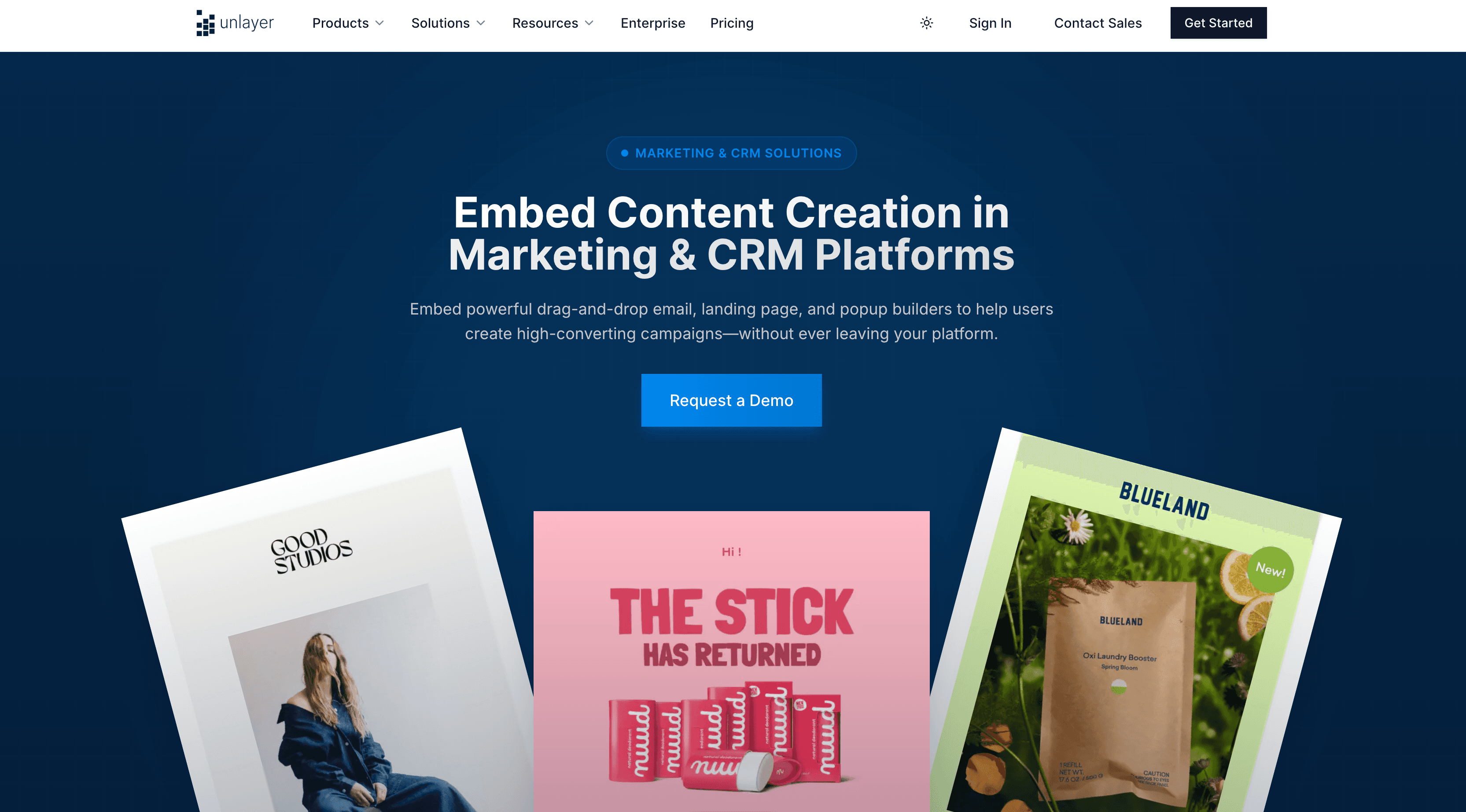 Unlayer’s Marketing and CRM Solutions Page Unlayer’s Marketing and CRM Solutions Page