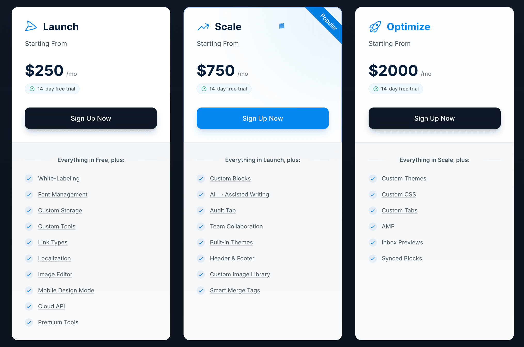 Unlayer self-serve plans, namely Launch, Scale, and Optimize. Unlayer self-serve plans, namely Launch, Scale, and Optimize.