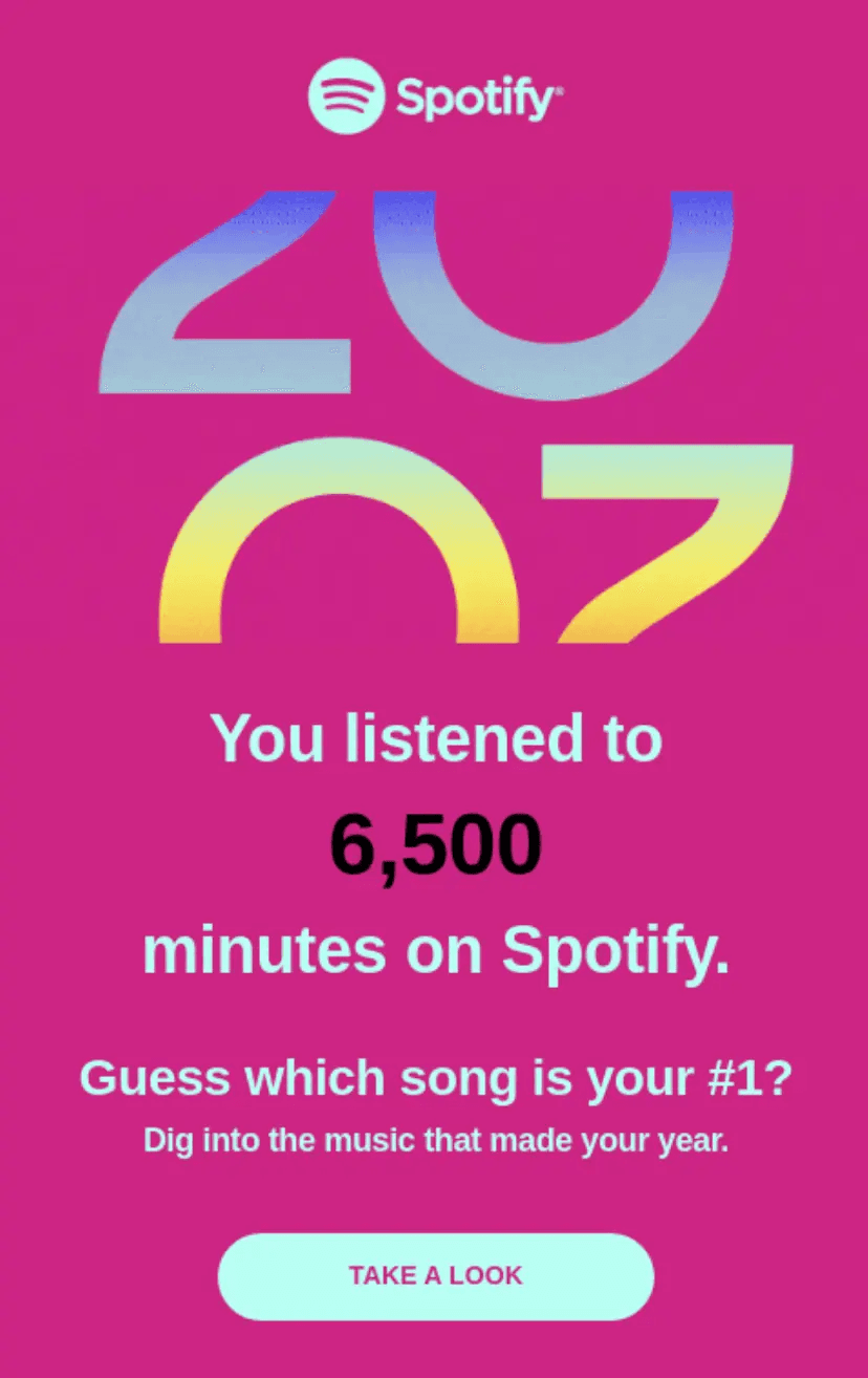 Example of a hyper-personalized Spotify Wrapped email showing user listening data to boost engagement. Example of a hyper-personalized Spotify Wrapped email showing user listening data to boost engagement.